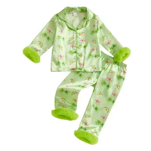Kids Infant Toddler Baby Girl St. Patrick's Day Satin Pajamas Green Shamrock Print Long Sleeve Button Down Shirts Tops Elastic Waist Pants 2Pcs Sleepwear