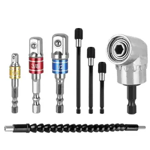 8Pcs 1/4" 3/8" 1/2" Cr-V Hex Shank Impact Grade Socket Adapter Extension Set & 105° Right Angle Drill Bit Adapter Attachment 1/4" Drive 6mm Hex Magnetic Bit Socket Screwdriver Holder Adaptor