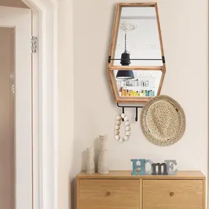 Farmhouse Wood Framed Wall Mirror for Entryway Bathroom Living Room Bedroom Wall Decor, Wall Mounted Hanging Entry Mirror with Hooks Rustic Decorative Mirror for Wall Home Decor (13.78x28)