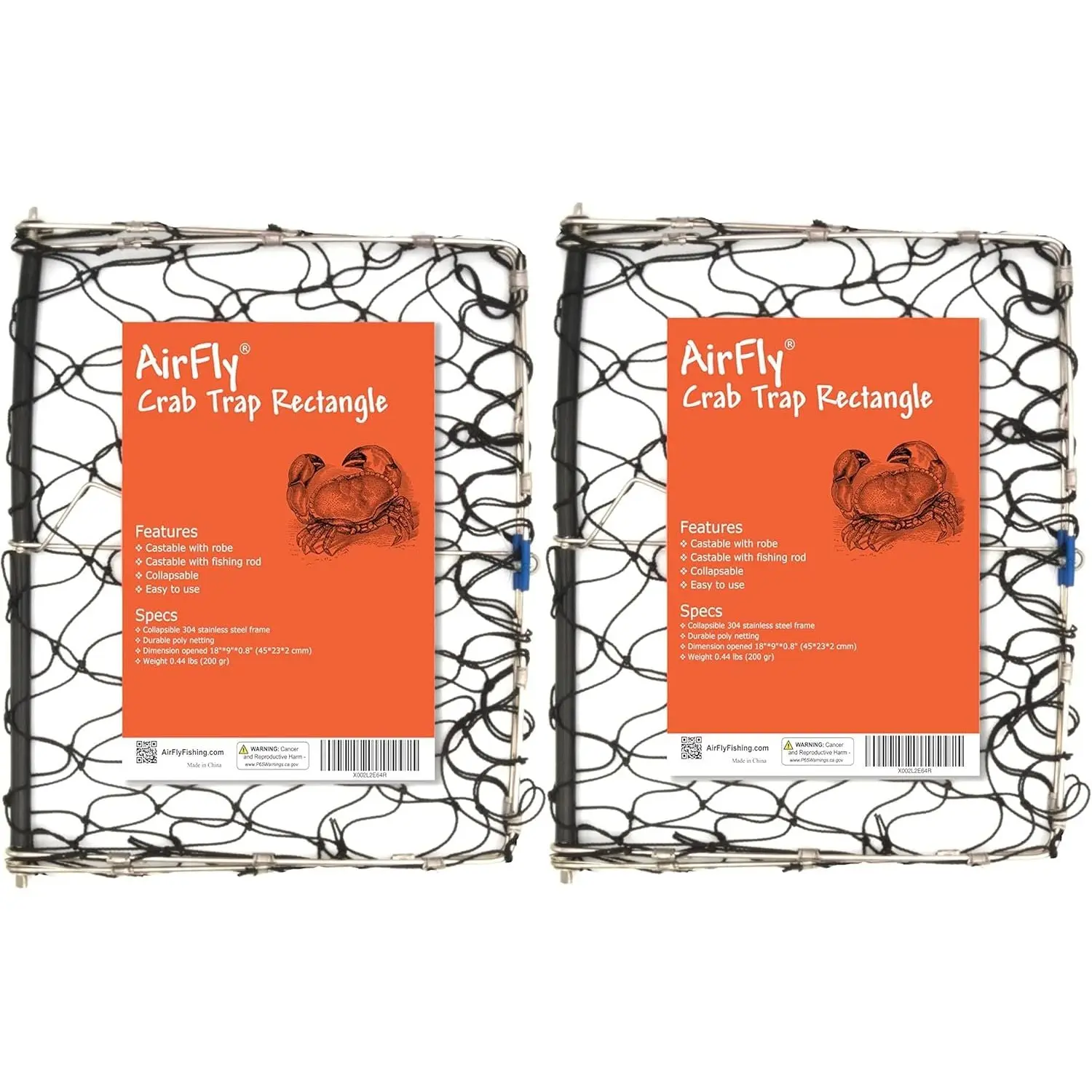 AIRFLY 2-Pack Foldable Rectangle Crab Traps - Compact, Durable Materials, Bait Clip, Secure and Humane Design, Portable Fishing Gear for Dungeness Crabs, Crawfish, Lobsters, Easy Set-Up (All Skill Levels)