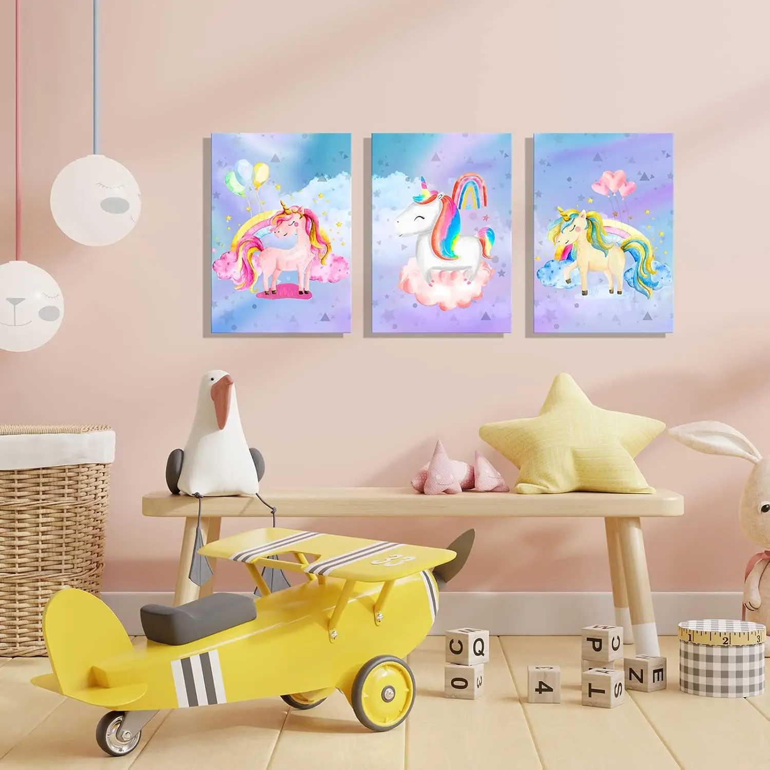 3 Pcs Wall Art Girl'S Bedroom Decor - Rainbow Canvas Pictures For Kids Nursery Home Decor - Watercolor Framed Posters Paintings 12L" x 16H"