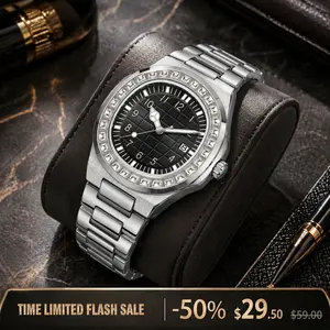 Men's Luxury Diamond Bezel Analog Quartz Watch - Luminous Date, Stainless Steel, Water-Resistant, Casual Trendy Wristwatch for Business, Outdoor Use