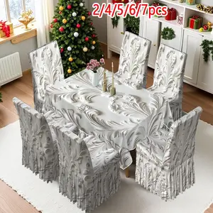 2/4/6/5/7 pieces of fashionable and high-end chair cover and tablecloth sets, thickened chair cover and tablecloth sets (1 tablecloth + 4 chair covers or 1 tablecloth + 6 chair covers), easy to care for, reusable, for home decoration
