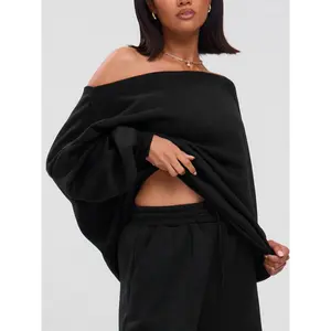 4-Piece Polyester Knit Fabric Women's Casual Loose Fit Asymmetrical Shoulder Sweatshirt and Pants Set for All-Season Comfort