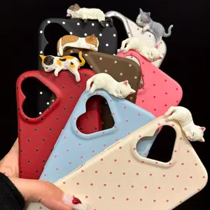 Korean - style cute heart - shaped lens 3D lying cat phone case is suitable for iPhone 16 Pro Max, 16, 15 Pro, 14 PLUS, 13, 12 Pro, 11 Pro Max, X, XS MAX. New cute phone case.