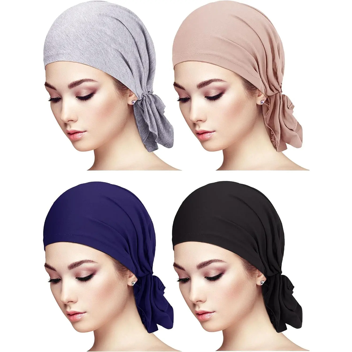 4 Pieces Slip-On Pre-Tied Head Scarves Women Headwear Turban Beanie Caps Head Wrap Headscarf for Women