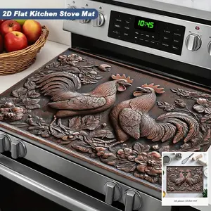 1pc Traditional Carved Flat Print Art Oven Pad, Beautiful Chicken Pattern, Non-Slip Heat Resistant, Kitchen Decorative Mat, Protects Countertop