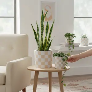 Set of 2 Beige Checker Planter 8.25" & 6.25" Ceramic Planters with Stylish Checker Pattern for Indoor Decor