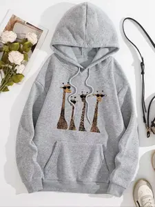 Women's Long Sleeve Drawstring Hoodie, Giraffe Print, Kangaroo Pocket, Fall Winter Warm, Casual Comfort