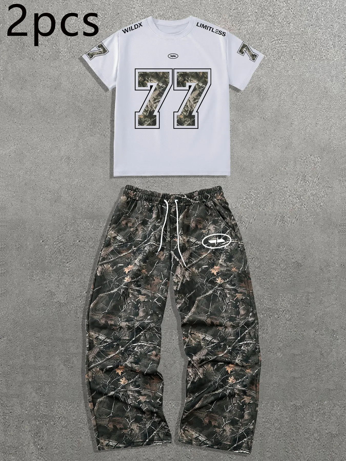 Men's Fashion Casual Two-Piece Set, Camo Camouflage Digital 77 Graphic Print Round Neck Short Sleeve T-Shirt and Long Pants, Spring Summer Sports Wear
