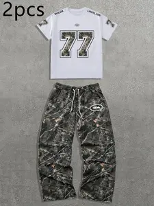 Men's Fashion Casual Two-Piece Set, Camo Camouflage Digital 77 Graphic Print Round Neck Short Sleeve T-Shirt and Long Pants, Spring Summer Sports Wear