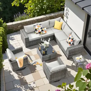 【4 Packages Shipping】HOOOWOOO 9 PCS Patio Furniture Set, Outdoor Modular Sectional Sofa with Swivel Chairs, Coffee Table, Modern Wicker Deep Seat Wide Rocking Armchair Rattan Couch, Beige