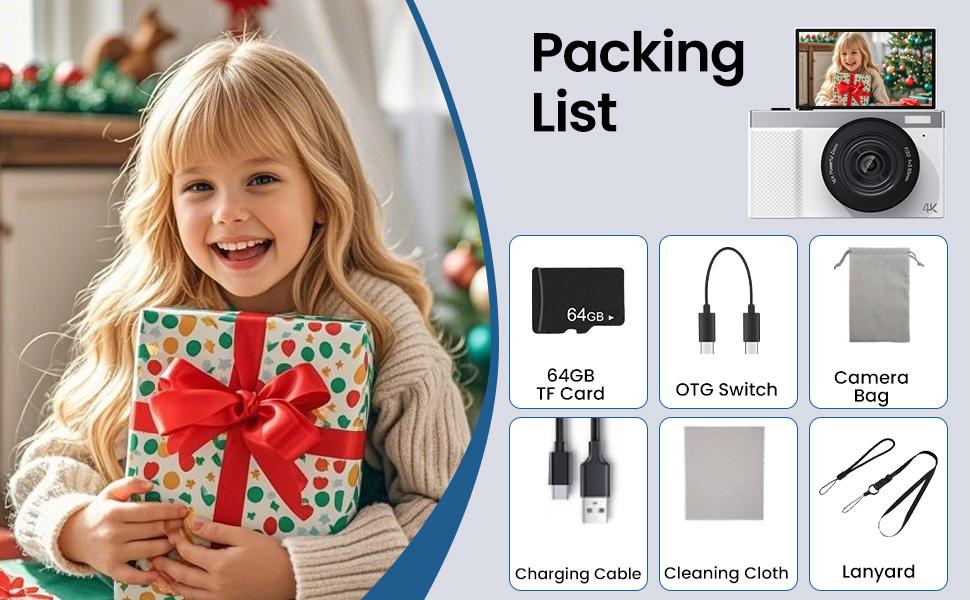 [Beginner Camera] 4K Digital Camera for Photography with 64MP, 3 Inch 180° Flip Screen, 16X Digital Zoom, 64GB Micro SD, Autofocus Vlogging Digital Camera White