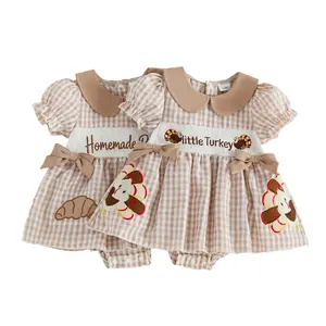Infant Baby Girl Thanksgiving Romper Dress Turkey/Croissant Embroidery Short Sleeve Plaid Jumpsuits 0-18 Months