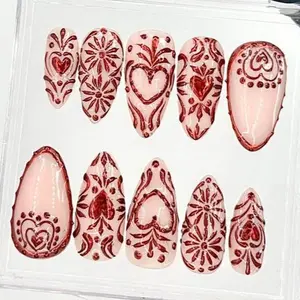 Romantic Red Heart Lace Press On Nails, Nude Pink Fake Nails with Valentine Love Pattern, Long Stiletto Wedding Anniversary Nail Art