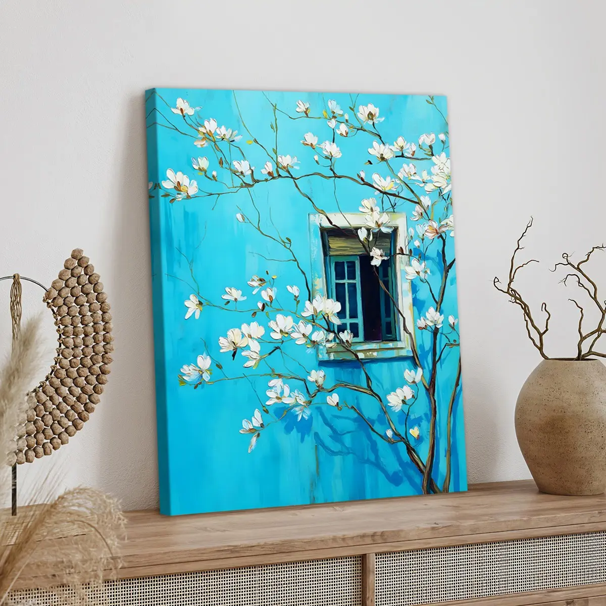 1pc Wooden Framed, Blue Magnolia Wall Art Canvas Painting, Oil Painting Style Floral Artwork, French Country Window Print Poster, Botanical Nature Wall Pictures, Artistic French Print, For Bathroom, Bedroom, Office, Living Room, Home Decor Ideas