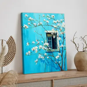 1pc Wooden Framed, Blue Magnolia Wall Art Canvas Painting, Oil Painting Style Floral Artwork, French Country Window Print Poster, Botanical Nature Wall Pictures, Artistic French Print, For Bathroom, Bedroom, Office, Living Room, Home Decor Ideas