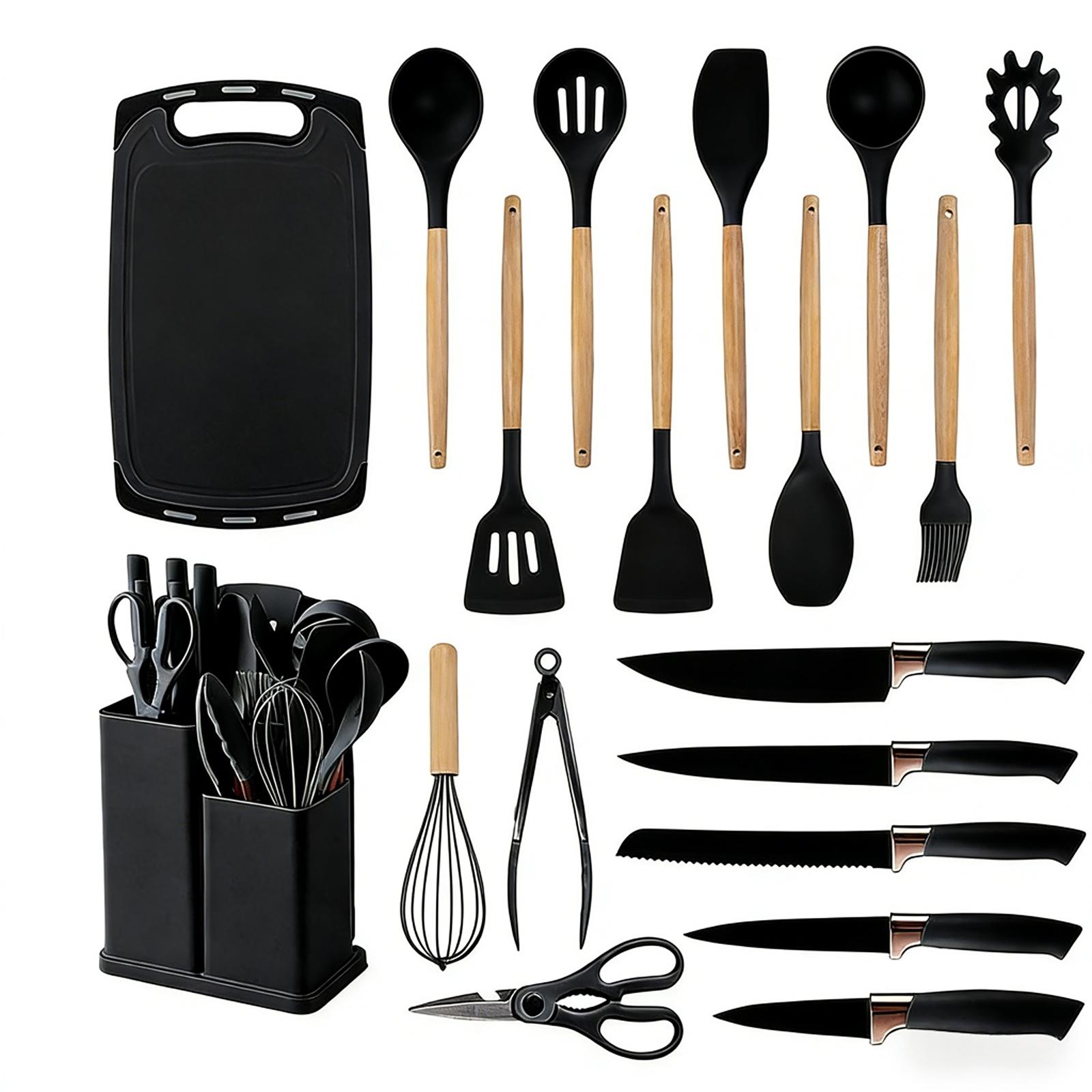 19-piece silicone kitchen utensil set, cooking tools with wooden handles, non-toxic, BPA-free, silicone spoon, rotating clamp, kitchen utensils, nonstick utensils with stand—an excellent choice for mothers, friends, or loved ones, kitchen soup ladle. 19-piece silicone kitchen utensil set, cooking tools with wooden handles, non-toxic, BPA-free, silicone spoon, rotating clamp, kitchen utensils, nonstick utensils with stand—an excellent choice for mothers, friends, or loved ones, kitchen soup ladle.