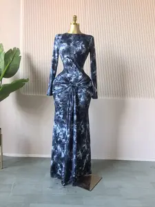 QFAF Women's Fitted Printed Long Dress, Round Neck Long Sleeve Ruched Bow Tie Draped Mermaid Style, Cocktail Birthday Holiday Evening Party Gown, 2026 Fashion