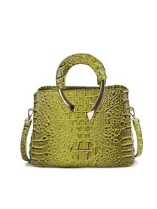 Elegant Metal Accent Crocodile Embossed Satchel, Removable Strap Crossbody Shoulder Bag, Green Vintage Handbag for Work & Events