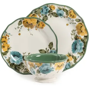Rose Shadow Green Ceramic 12-Piece Dinnerware Set, Floral Design Bowls Cutlery