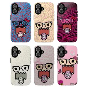 Cartoon Face Phone Case Set, Domo Phone Case spiral glasses leopard zebra bow headphones heart gear tongue pink yellow blue white vibes, baddie aesthetic gift play now