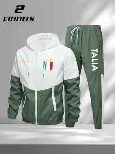Men's Italy 2 Piece Tracksuit Set, Full-Zip Hooded Jacket & Drawstring Sweatpants with Italia Flag & Four Stars Graphic, Outfit for Daily Wear, Comfortable Fit & Italian National Team Inspired, Athletic Sports Clothing, Tracksuit Sweat Suits