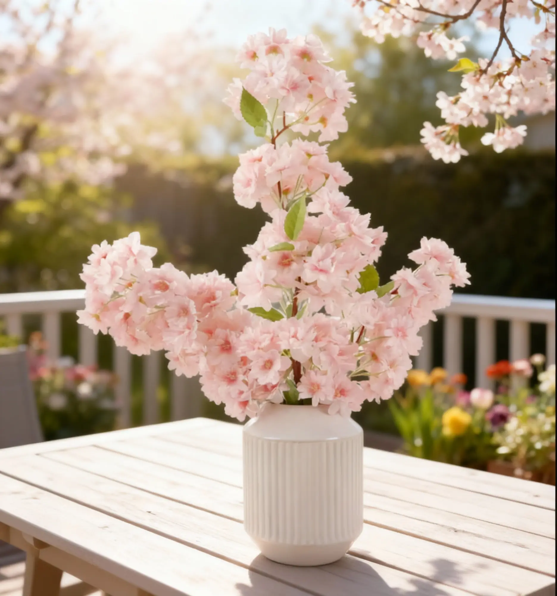 Cherry Blossom in 6.625"H Ceramic Vase 4.75*4.75*6.625 Handcrafted Artisan Decor for Indoor Use Pink White Flowering Plant Ornaments