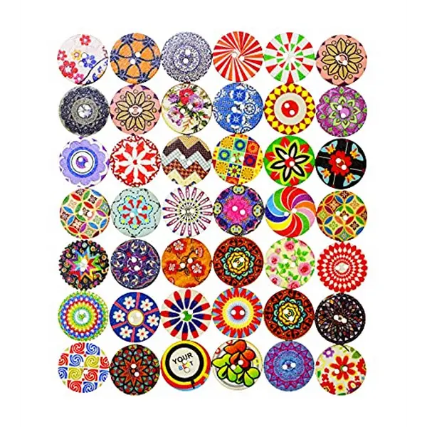 Mandala Crafts Mixed Round Flower Buttons for Sewing - 1 Inch Mandala Painted Wooden Buttons for Crafts 2 Hole Colorful Boho Vintage Decorative Buttons Embellishments for Clothing 100 PCs