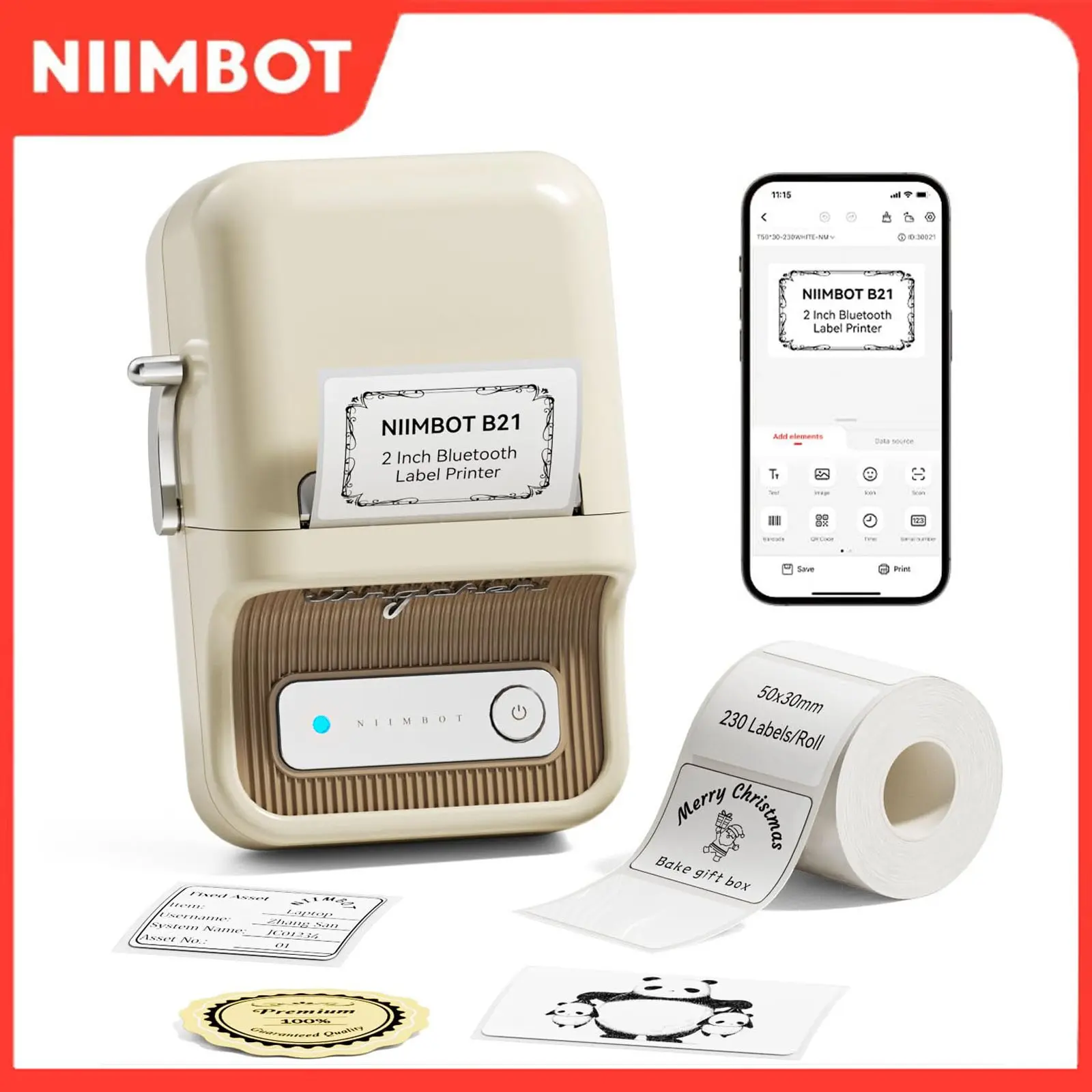Niimbot B21 Wireless Bluetooth-compatible Label Printer, 20-50mm Print Width, Thermal Label Maker for Small Businesses, Address, Logo, Clothing, Mail, Candle, Jewelry, Inkless Label Printer