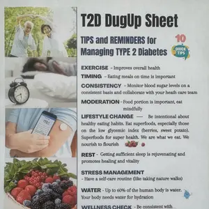 Type 2 Diabetes Reminder Sheet at a glance—Tips for helping you Manage Type 2 Diabetes. Chart Includes Exercise, Timing, Consistency, and More. Sheet carefully laminated.