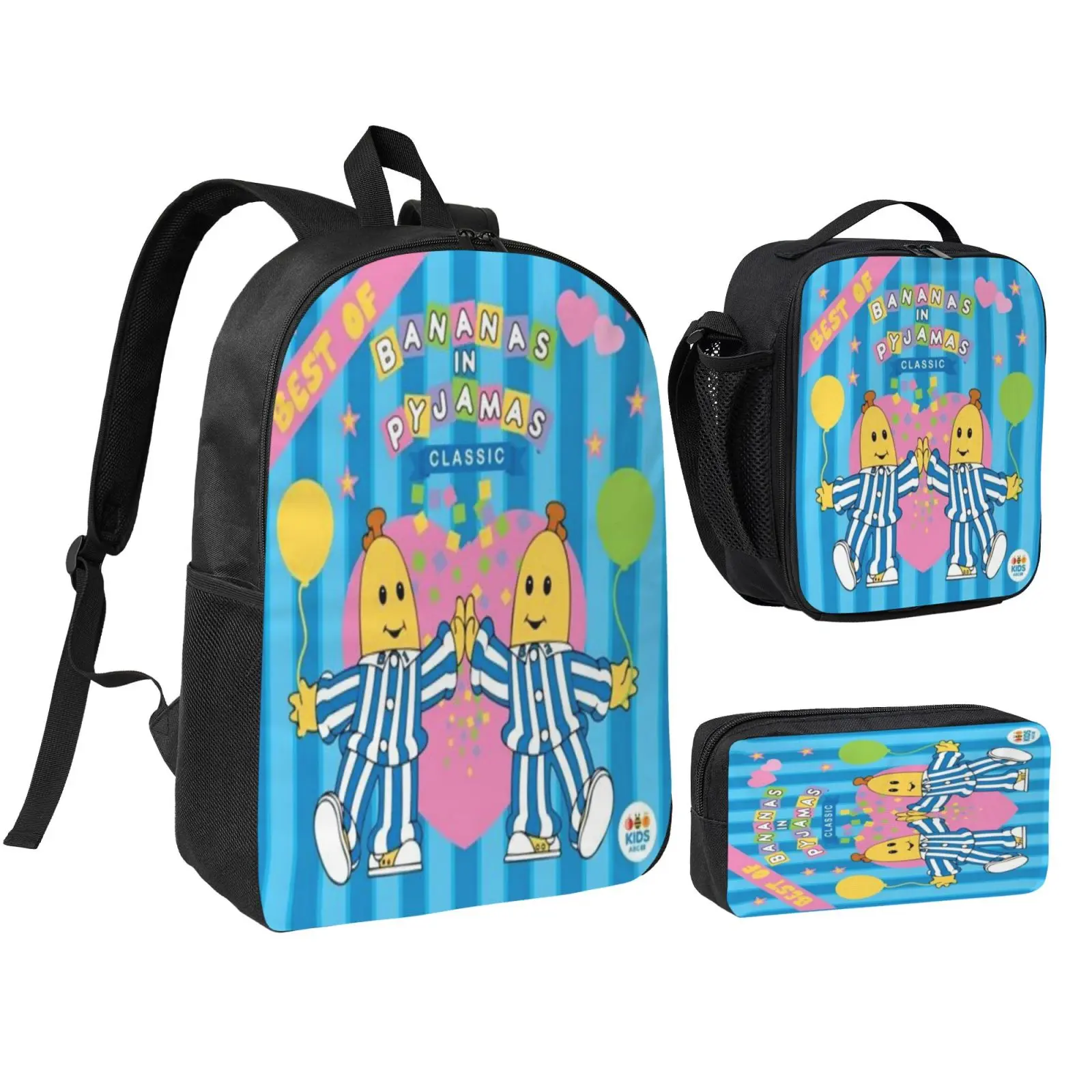 3-Piece Cartoon Print Backpack Set for Kids and Teens, Water Resistant Nylon School Bag with Adjustable Straps and Breathable Back Panels