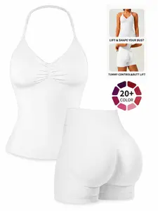 Women's 2-piece sports yoga set, solid color halter vest + high-waisted slim-fit shorts, elastic, comfortable, breathable and non-stuffy, suitable for fitness, yoga, running and daily casual sports wear