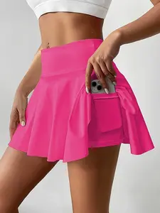 Women's 3 Piece Skirts 2 in 1 High Waist Sports Skirt Flowy Cheeky Short Skirts Gym Skirts Versatile Stretchy Flared Casual Mini Skirt Solid Pocket Design Skirt for Yoga Gym Workout Ladies Sportswear for Summer High Waisted Skirts Solid Color Skirt