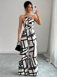 Women's Floral Print Woven Elegant Waist Cinched Casual Jumpsuit, All-Season Daily Wear, Sleeveless Strap Design with Outerwear Option