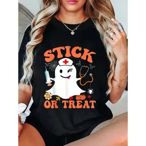100% Cotton Stick Or Treat Nurse Funny Halloween Costume T-Shirt Women's Short Sleeve T-Shirt Comfort Soft Crew Neck Tee Tops