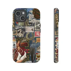 Western Patchwork Phone Case, Cowgirl Rodeo Boots Cactus Denim With Rustic Rebel Vibes, Play Now Aesthetic Gift, iPhone 17 16 15 14 13 12 11 Pro Max