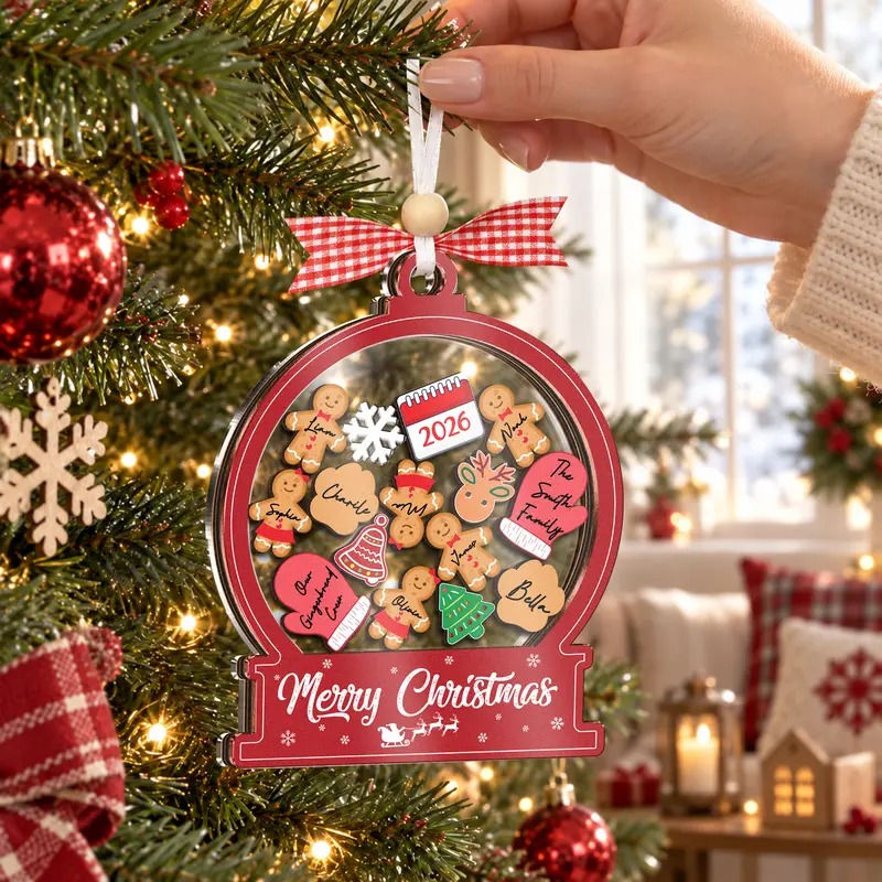 6" Classic Wooden Christmas Movable Snowflake Shaking Ornament 2026, Customizable DIY Gingerbread Keepsake with DIY Text Base for Names, Hanging Tree Decoration for 2-16 Family Members, Xmas Home Decor Gift
