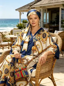 Essential Baroque chain print long robe dress cardigan blouse (two-piece set) for summer 2026, women's fashion scarf and shawl set, women's swimwear paired with fashion accessories, bikini swimsuit shirt beach skirt/American anniversary edition