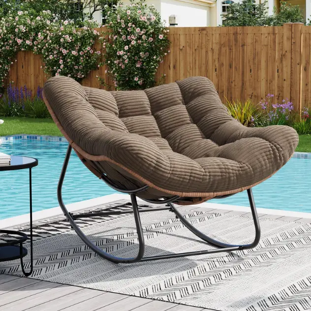 Oversized Papasan Patio Rocking Chair – Deep Cushioned Egg Seat, Handwoven Rattan Glider, Heavy Duty 450 lbs, Relaxing Outdoor Lounge for Balcony, Porch, or Sunroom, Brown Rattan + Brown Chenille