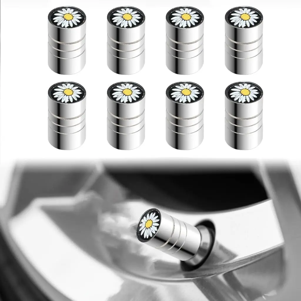 8-Pack Daisy Flower Valve Stem Caps, Aluminum Alloy Metal Tire Valve Covers with Glossy Epoxy Dome Design, Universal Fit Car Accessories for Cars Trucks SUVs Motorcycles Bikes