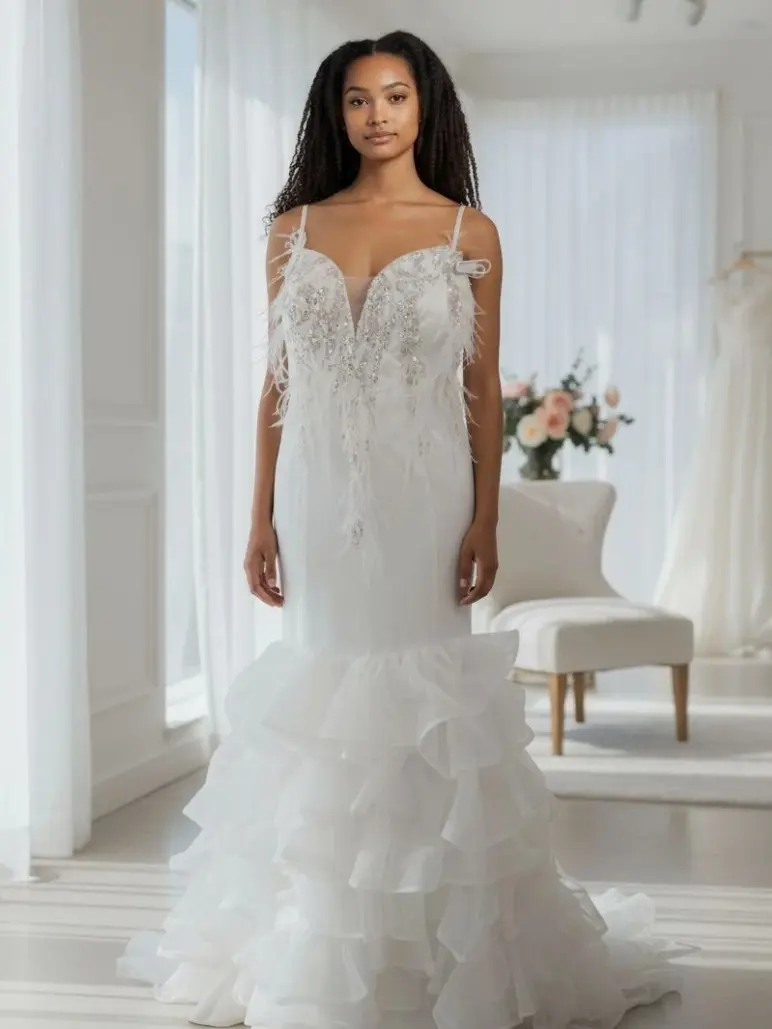 Mermaid Wedding Dress - Spaghetti Strap, Sleeveless, Glamorous, Summer, Plain, Beaded Lace, Ruffled Tulle, Organza, Elegant Mermaid Silhouette, Womenswear