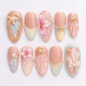 3D Beach Press On Nails, Starfish Shell Floral Pastel Ocean Set