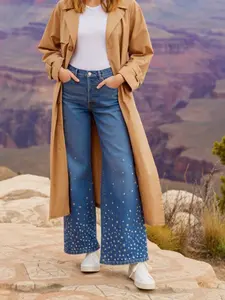 Elengatine FallFreshness Sparkling Embellished Denim Wide-Leg Pants for Women Classic Blue Denim with Rhinestone Details Loose-Fitting Stylish Basic Womenswear Bottom Jean Trouser Pocket Bohemian All Seasons Casual Everyday Light Chic  Soft