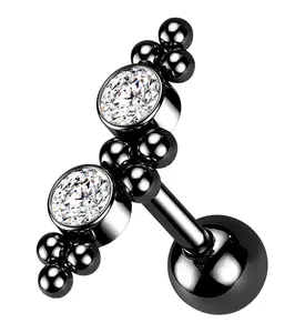 Black PVD Double CZ Gem Cluster Bead Cartilage Barbell