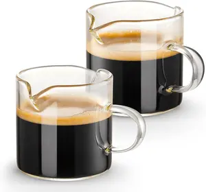 Espresso Cups Set of 2, 4 OZ Double Spouts Cups, Shot Glasses, Milk Cup with Handle, Clear Glass, Espresso Accessories for Machine, Small Qipecedm
