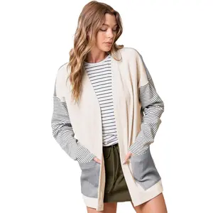 Women's Black Stripe Colorblock Patchwork Open Front Cardigan with Pockets