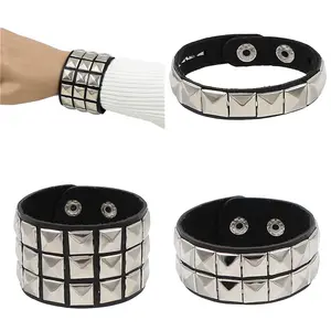 FASHION4U - 2023 New Gothic Punk PU Leather Bracelet 3 Row Cuspidal Spikes Rivet Chains Bracelet For Women Men' Friends Jewelry