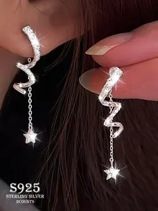 925 Sterling Silver Fashionable Star Design Dangle Earrings with Box, Elegant Artificial Zircon Decor Jewelry for Women, Trendy All-match & Exquisite Jewelry for Gift