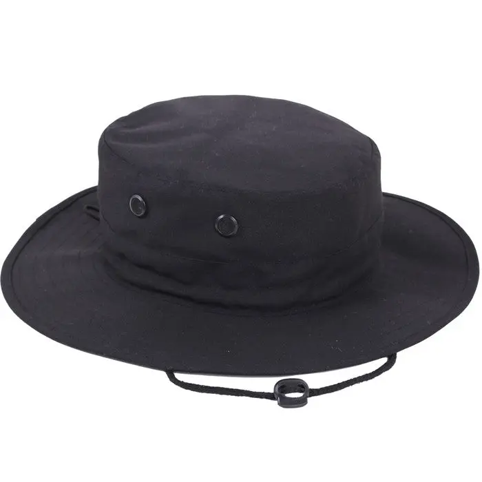 Black Adjustable Tactical Military Boonie Bucket Hat, Polyester Cotton, Black Hats with 4 Screened Vents, Ventilated, Adjustable Chin Strap, Fits Most, Elastic Cord, One Size